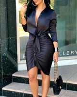 Satin Ruched Shirt Dress – Sexy & Elegant Tie-Waist Bodycon Dress