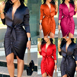 Satin Ruched Shirt Dress – Sexy & Elegant Tie-Waist Bodycon Dress